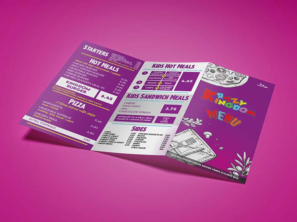 Z-fold 6 page menu designed and printed on 350gsm stock with anti-bacterial laminate